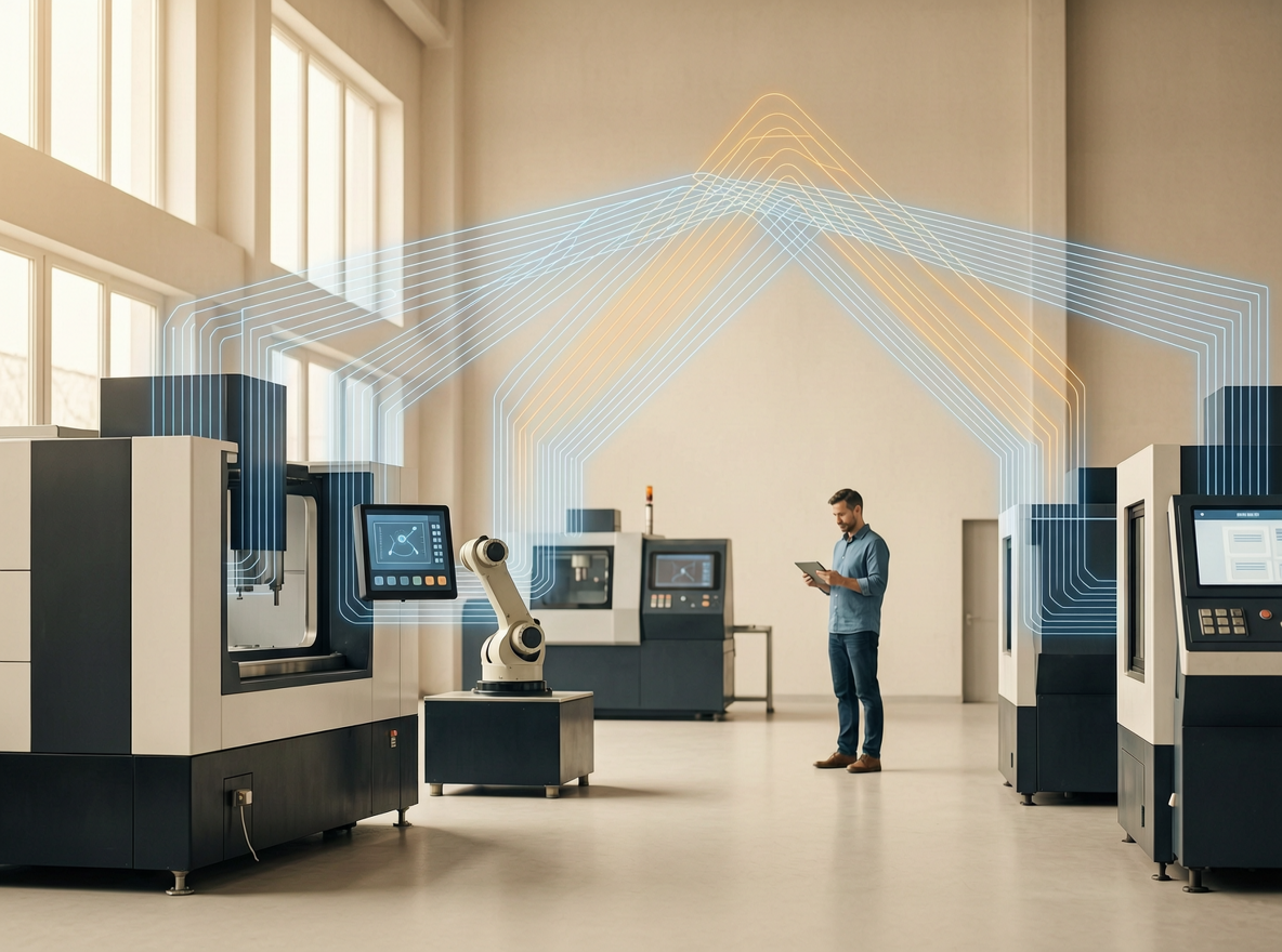 Industrial automation cell with connected sensors on the factory floor