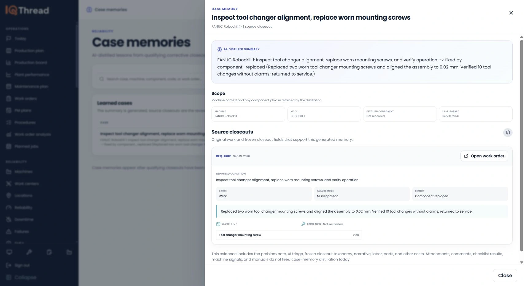 IQ Thread closing out a work order and saving the fix to case memory