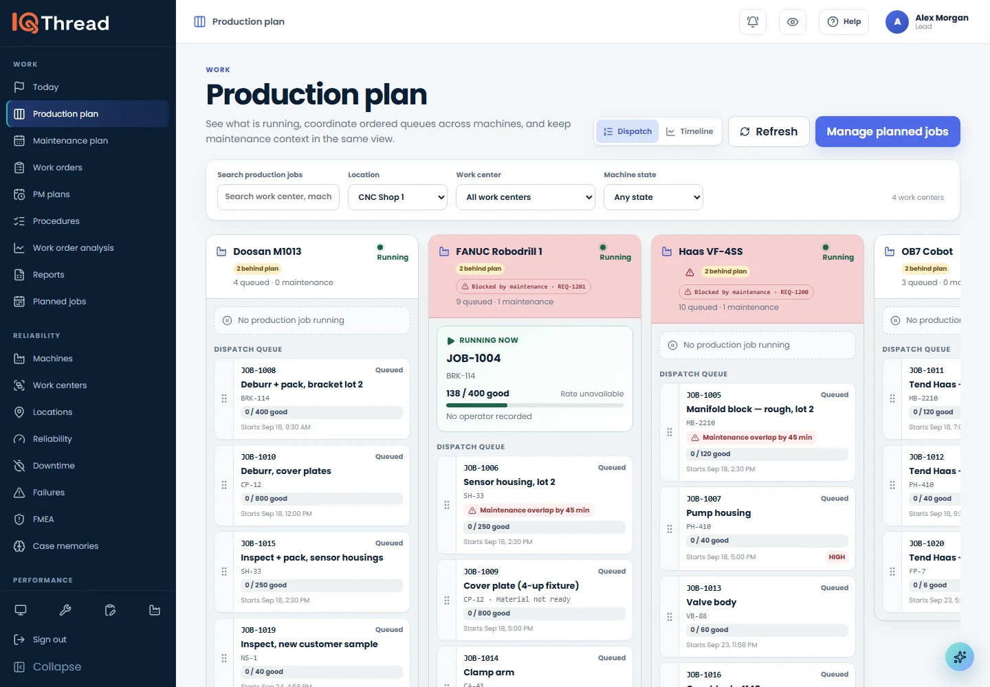 IQ Thread dispatch board scheduling jobs across machines