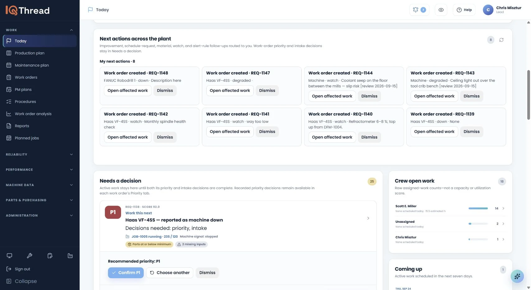 IQ Thread Today view showing open work, running jobs, and machine status