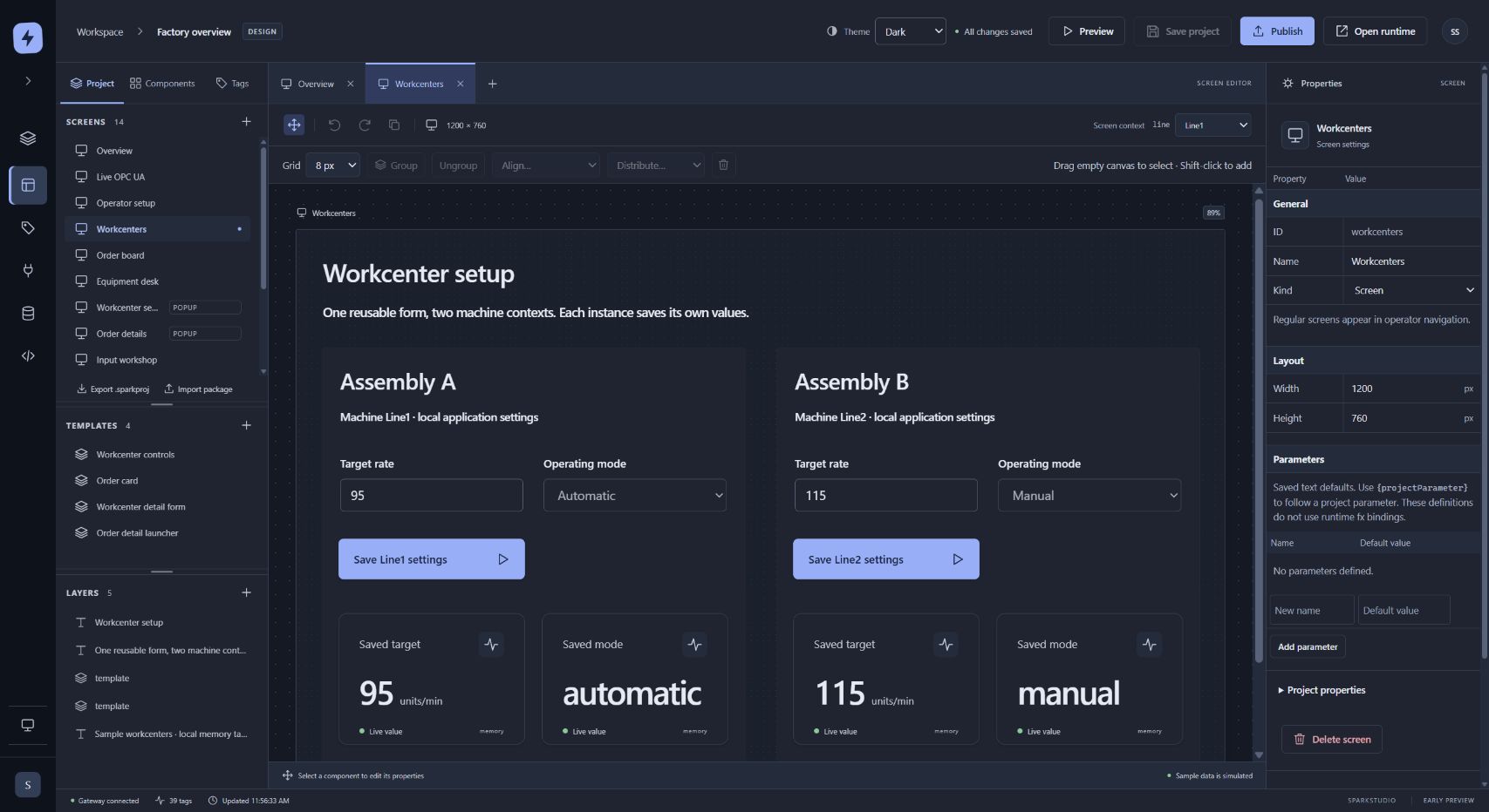 Spark Studio Designer laying out an operator screen in the browser
