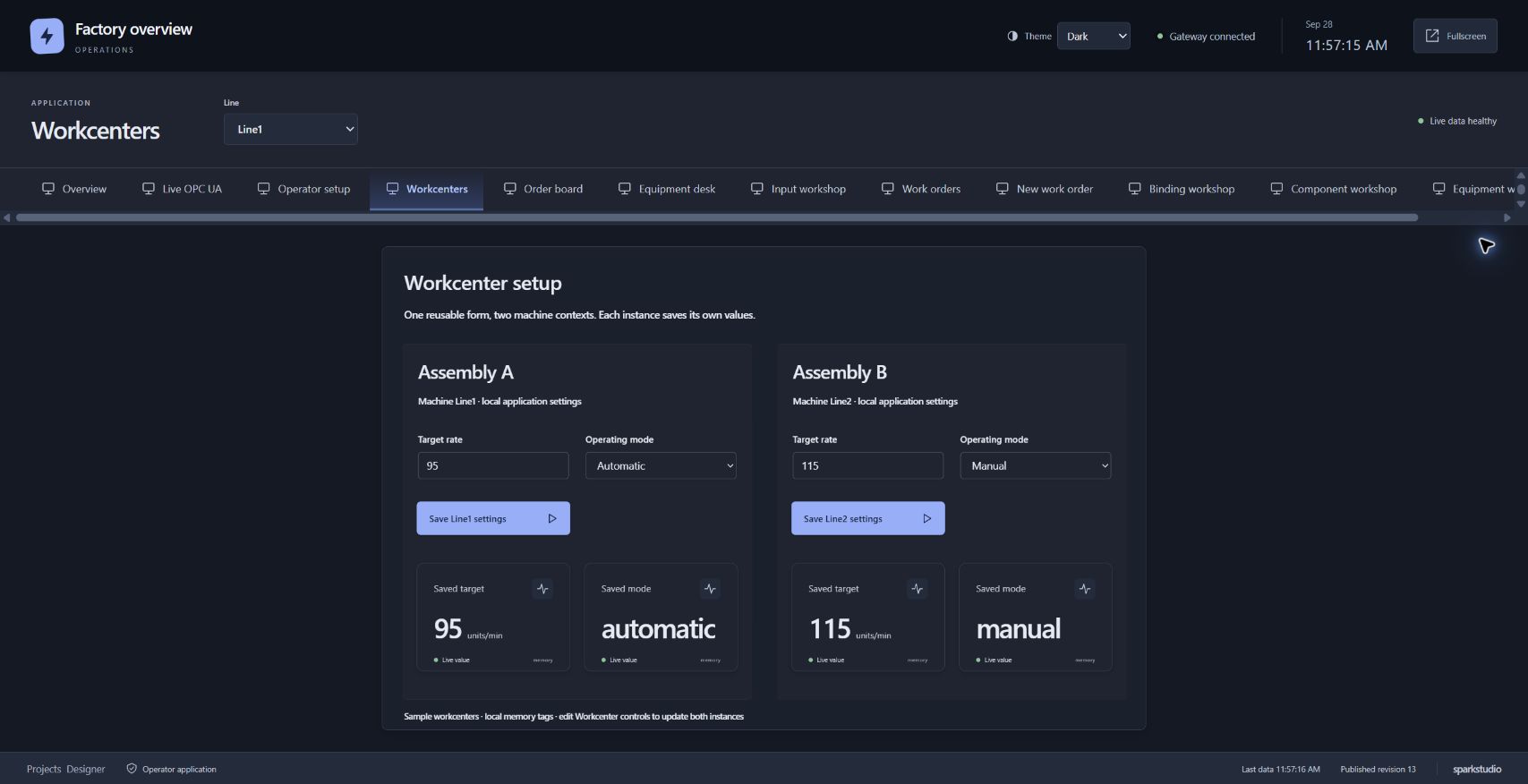 Published Spark Studio operator app showing live production values