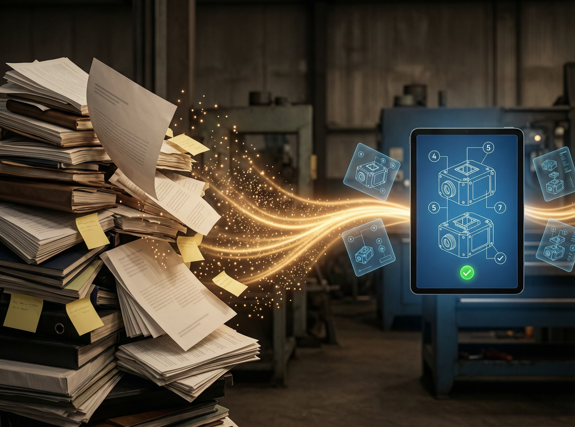 Tracebook on a tablet showing a machine schematic, replacing scattered manuals